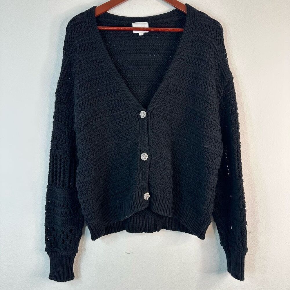 Sundays Sienna Black Chunky‎ Knit Boxy Cardigan Rhinestone Buttons Womens Large